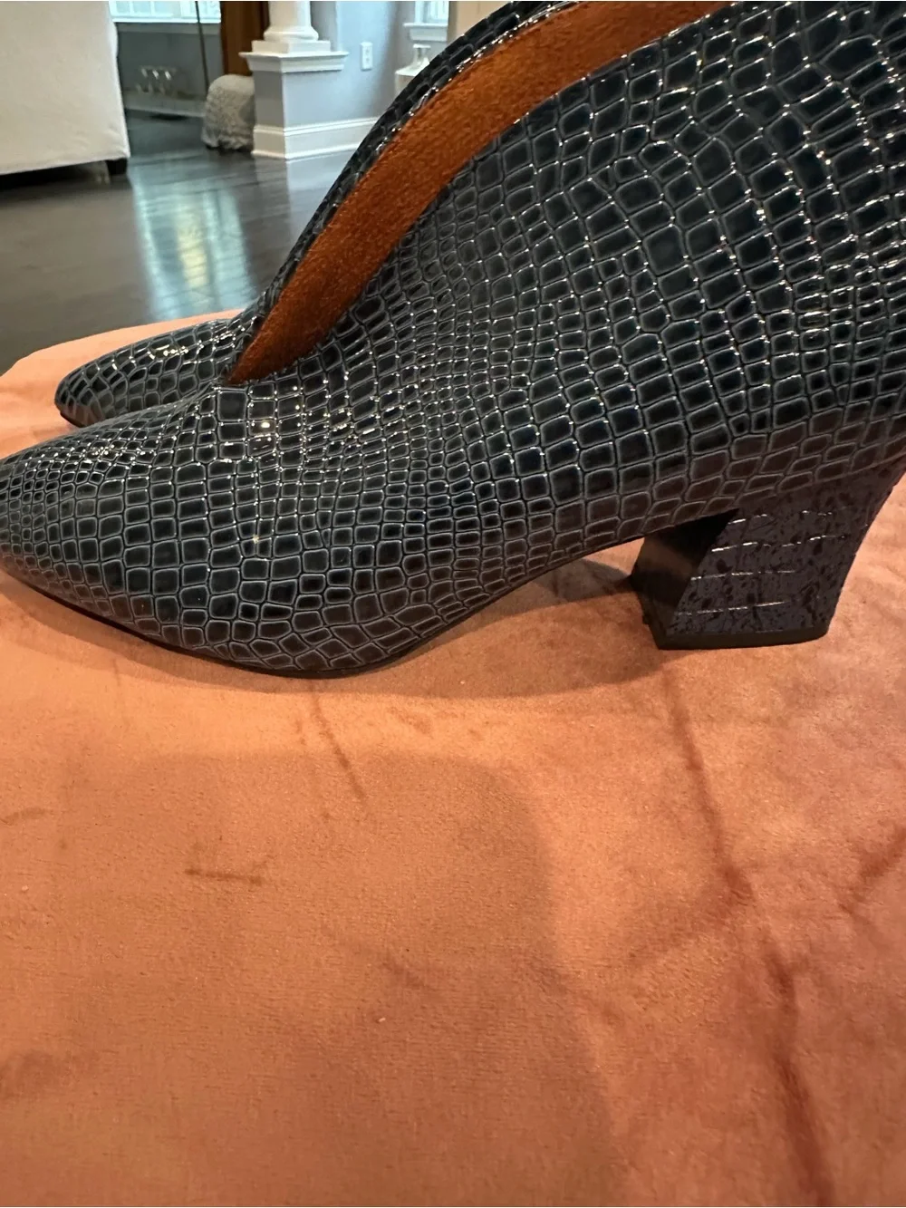 Pointed Toe Women's Ankle Boots in Black Croc-Embossed Leather